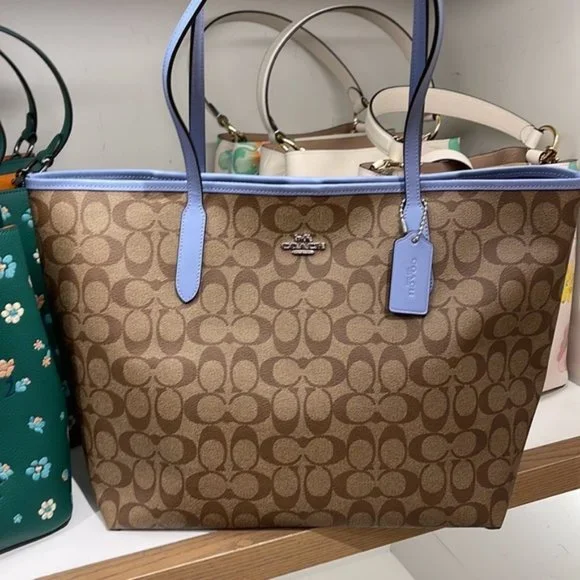 Coach 5696 City Tote In Signature Canvas In Khaki/Marble Blue - Picture 7 of 16